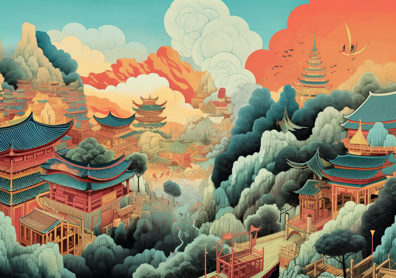 小清新风古典古式建筑和高山祥云,插画/手绘图,插画/手绘图库,插画/手绘图下载,插画/手绘